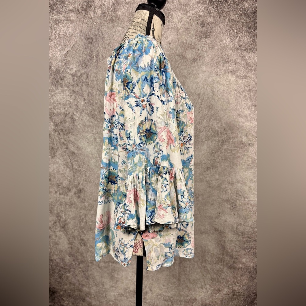 Karen Kane USA Boho Chic Blue & Pink Floral Bell Sleeve Tunic Top Size M - Picture 2 of 8